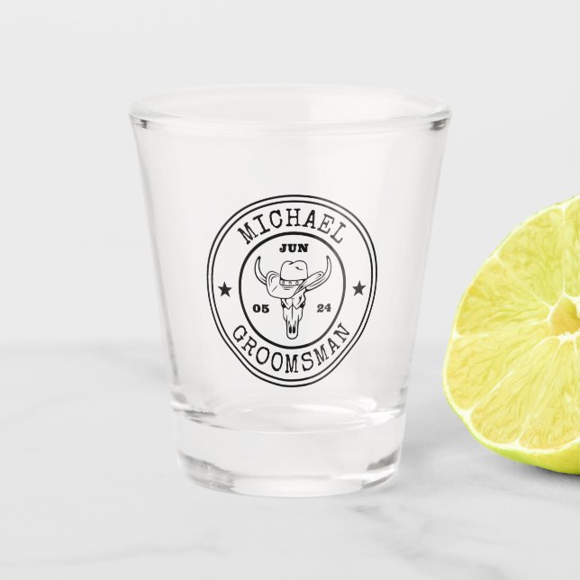 Vaso De Chupito Wild West Cowboy Rustic Logo Personalizado Groomsm (Anverso)