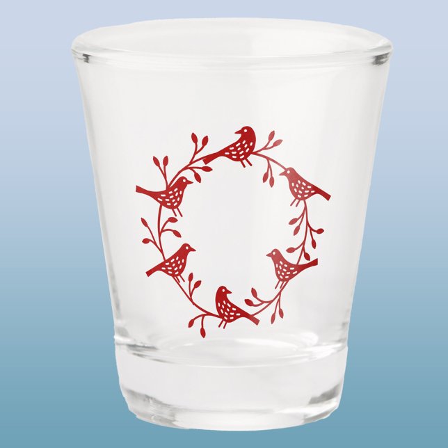 Vaso De Chupito Wreath escandinava de aves y flores (Red Scandinavian bird wreath shot glass)