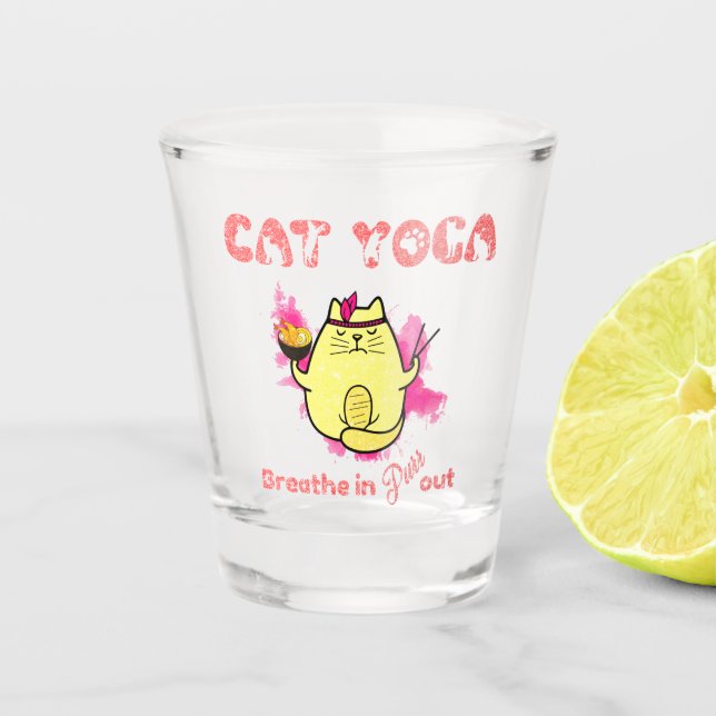 Vaso De Chupito Yoga lindo gato - "Respira, sale" (Anverso)