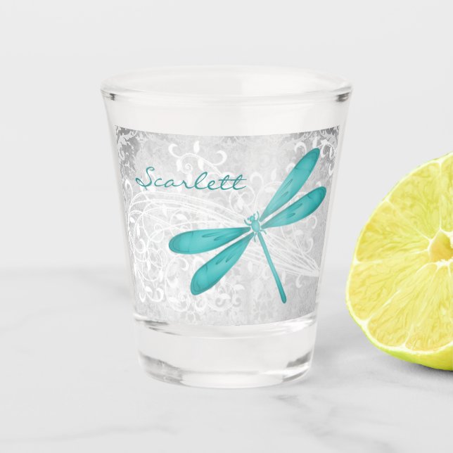 Vaso de disparo personalizado de la libélula verde (Anverso)