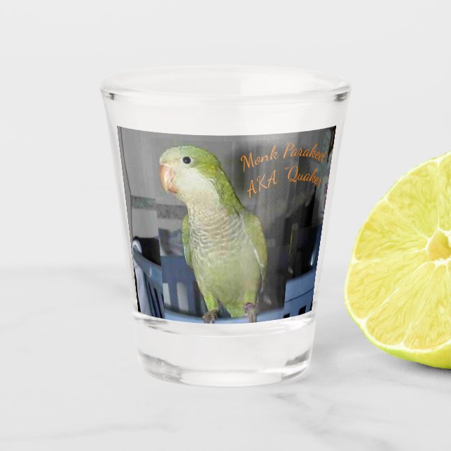 Vaso de medida con adorno del Parakeet del Quaker (Anverso)