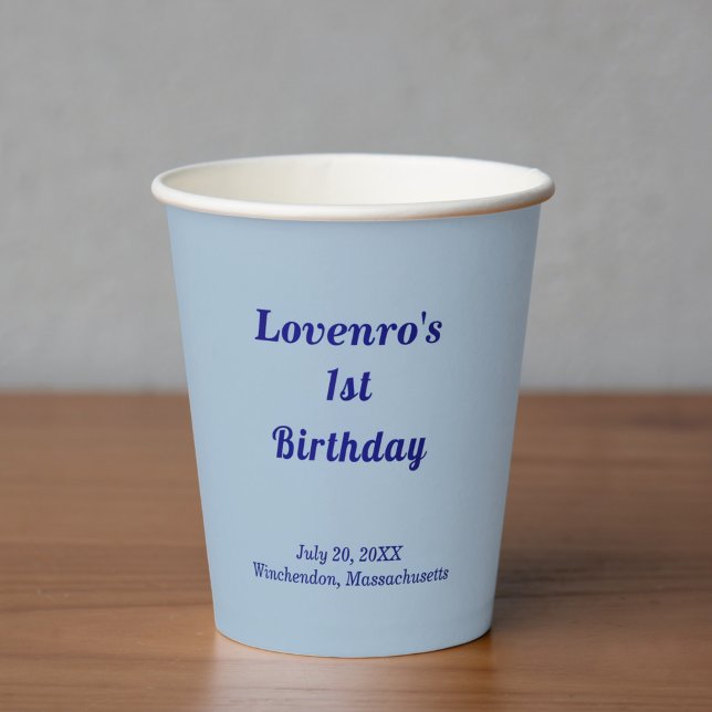 Vaso de papel azul claro minimalista para cumpleañ (Light blue minimalist typography style kids birthday paper cups)