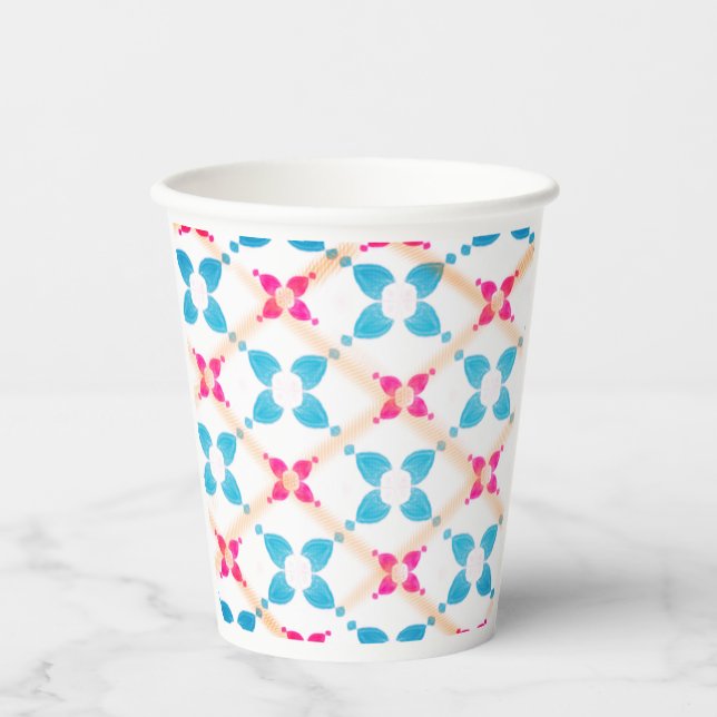 Vaso de papel con estampado azul y rosa (Anverso)