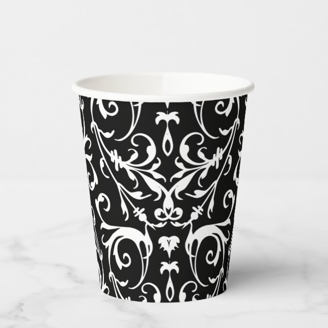 Vaso de papel con estampado damasco en blanco y ne (Izquierda)