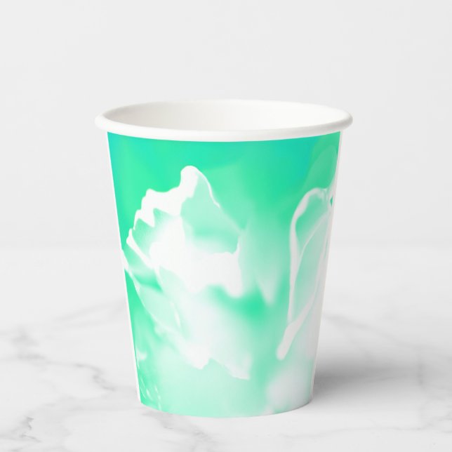 Vaso de papel con estampado de flores verde espuma (Anverso)