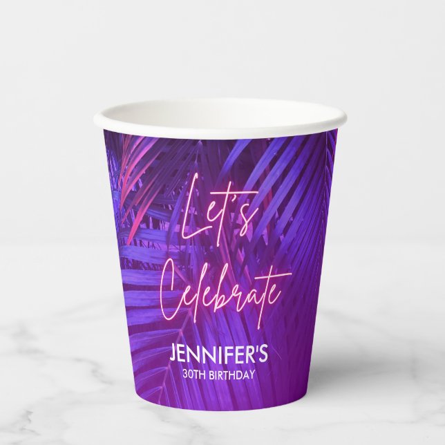 Vaso de papel Cumpleaños Hoja de Palma Morada Luau (Anverso)