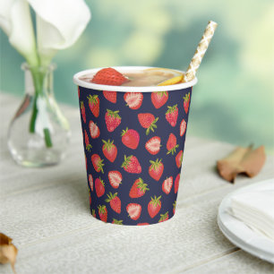 Vaso de papel de fruta de fresa de verano azul y r