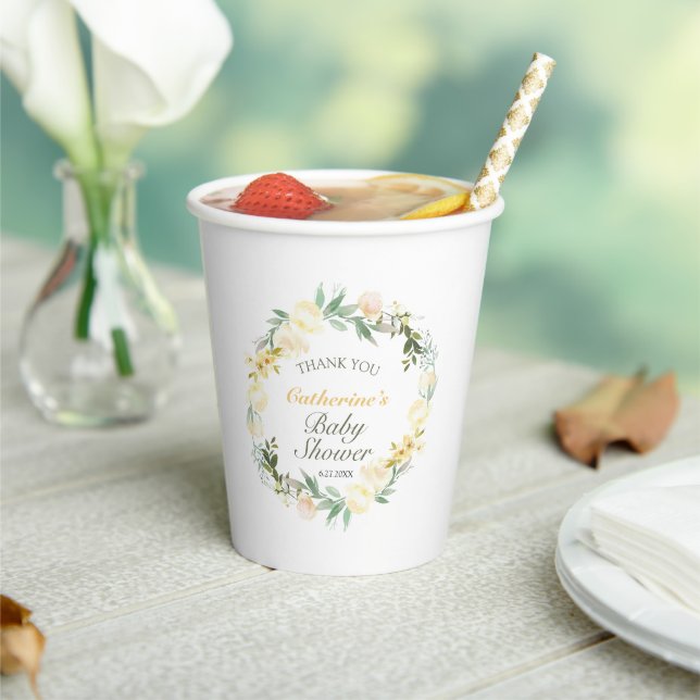 Vaso de papel para baby shower con flores amarilla (in situ)