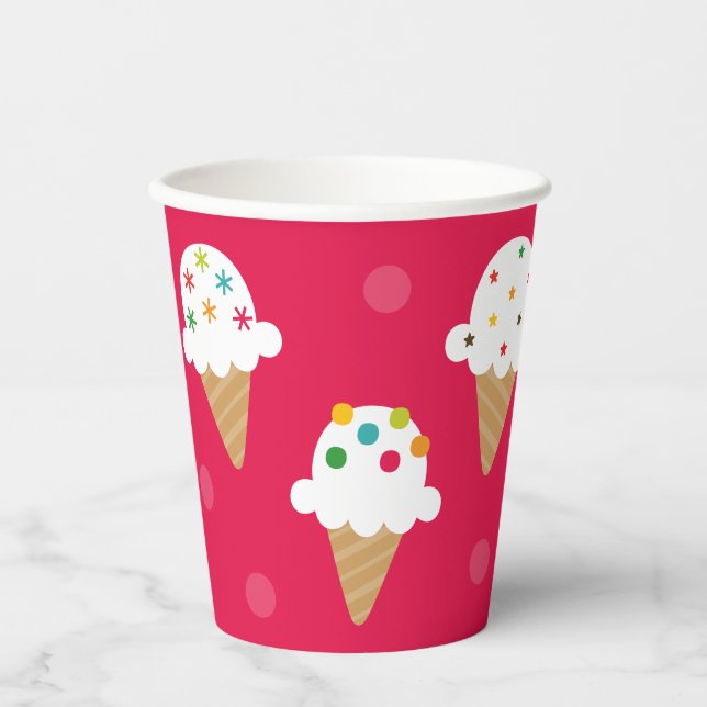 Vaso de papel para fiesta con cono de helado rosa  (Anverso)
