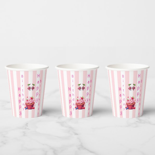 Vaso de papel rosa y blanco con rayas de cumpleaño (Multi)