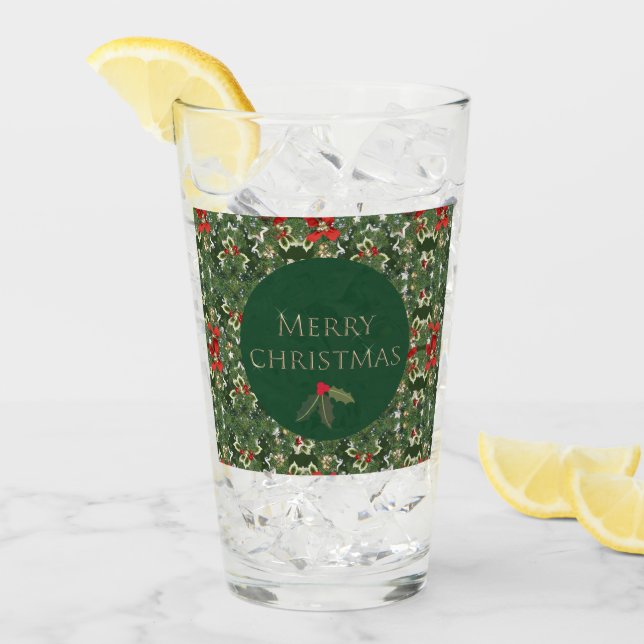 Vaso de vidrio con patrón de acebo de Navidad (Anverso (hielo))