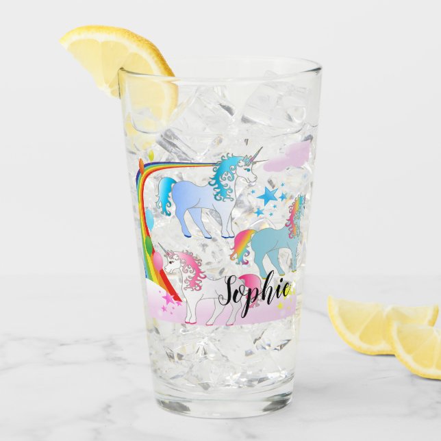 Vaso de vidrio personalizado de unicornio y arcoír (Anverso (hielo))