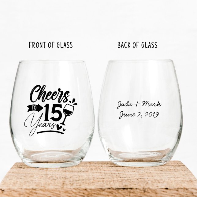 Vaso De Vino 15° Aniversario Boda Celebración elegante (stemless wine glass for 15th wedding anniversary that is customized with names and dates)