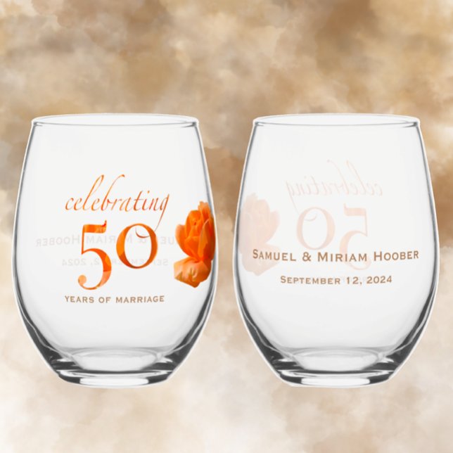 Vaso De Vino 50.º boda personalizar rosa de melocotón (Personalized 50th anniversary keepsake stemless wineglasses with unique peach rose elegant gift idea)