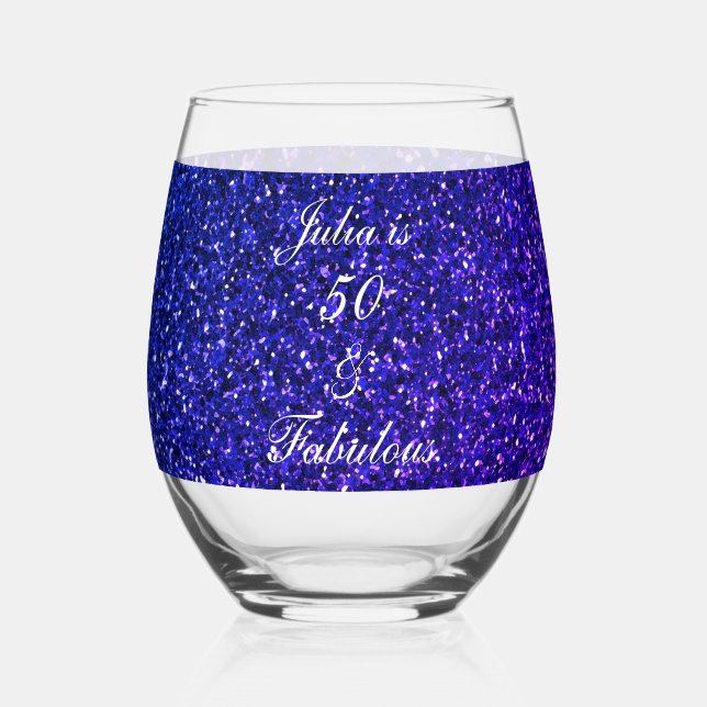 Vaso De Vino 50 Y Fabuloso Purpurina Azul De Cumpleaños Favor D (Anverso)