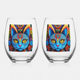 Vaso De Vino Abstract Cat with Yellow Eyes    