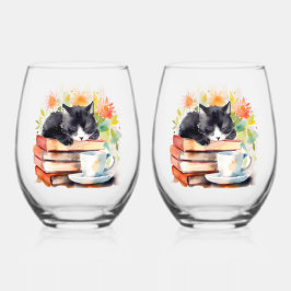 Vaso De Vino Acogedor gato relajado en acuarela