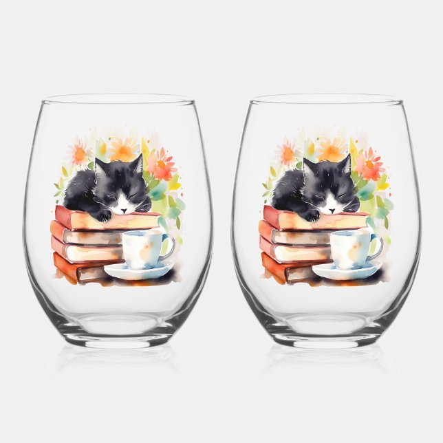 Vaso De Vino Acogedor gato relajado en acuarela (Anverso)