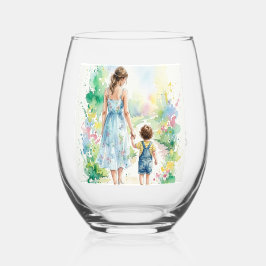 Vaso De Vino Acuarela personalizada de madre e hijo