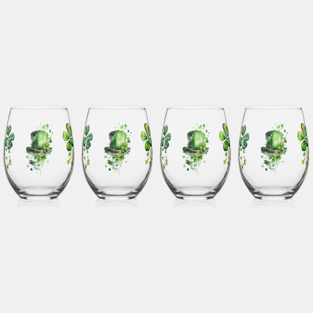 Vaso De Vino ☘️ acuarela St. Patrick's Day Clovers & Gorra (Anverso)