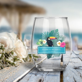 Vaso De Vino Acuarela Tropical con Toucan Boda ID577 Verde azul