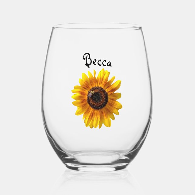 Vaso De Vino Alegre girasol amarillo con abeja personalizada (Anverso)