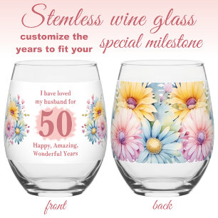 Vaso De Vino Amar a mi esposo 50 años flores rosadas