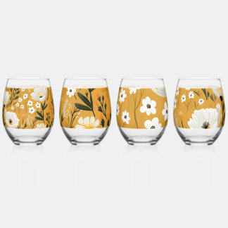 Vaso De Vino Amarillo Mostaza y Floral Botánico Blanco