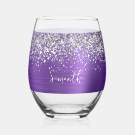 Vaso De Vino Amethyst Glitter Plata Glam Nombre