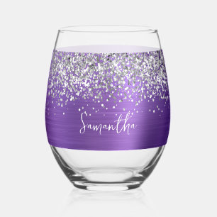 Vaso De Vino Amethyst Glitter Plata Glam Nombre