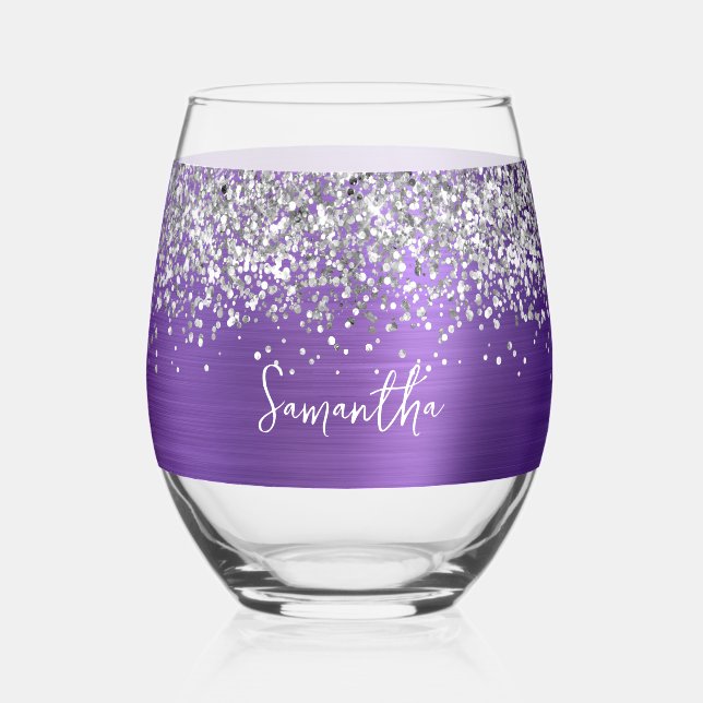 Vaso De Vino Amethyst Glitter Plata Glam Nombre (Anverso)