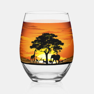 Vaso De Vino Animales salvajes al atardecer en la sabana africa