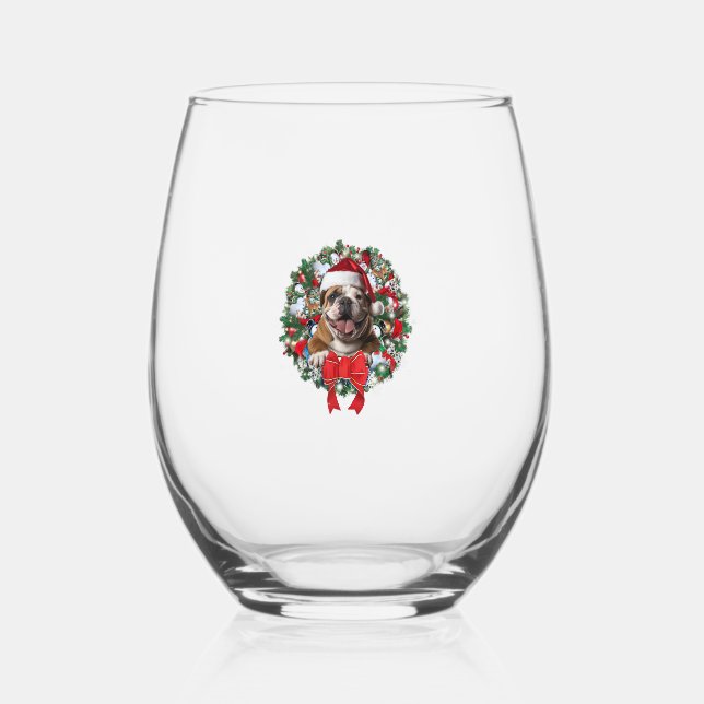 Vaso De Vino Antiguos Navidades de Bulldog ingleses Wreath Deco (Anverso)
