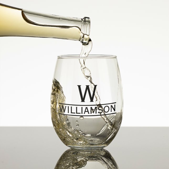 Vaso De Vino Apellido y Monograma inicial personalizado (Last Name and Monogram Initial Personalized Stemless Wine Glass)