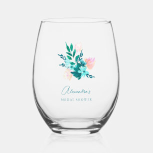 Vaso De Vino Aqua Azul Verde Acuarela Floral Despedida de Solte