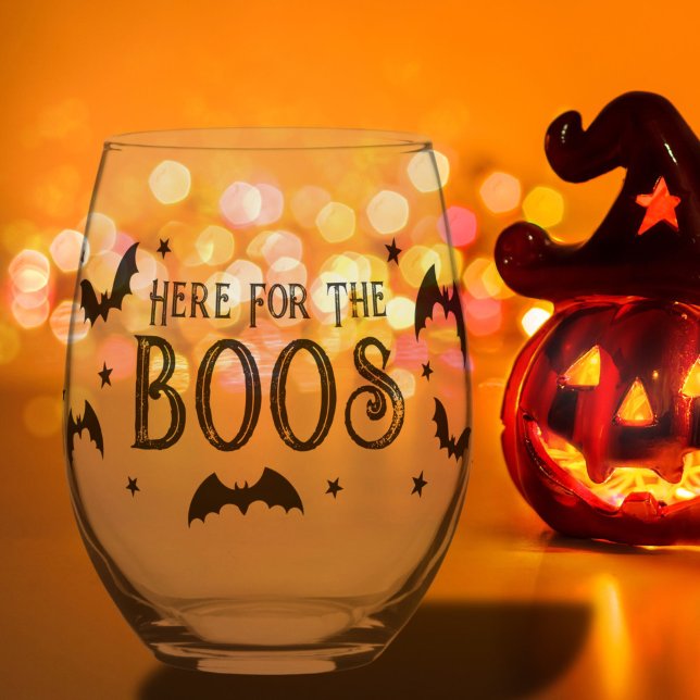 Vaso De Vino Aquí para los Boos de Halloween (Here for the Boos Halloween Bats Stemless Wine Glass)