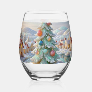 Vaso De Vino Árbol de Navidad de Ópalo Pastel Blanco Pueblo de