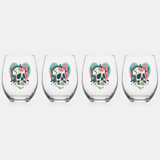 Vaso De Vino Auriculares retro Calavera del corazón