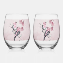 Aves y flores rosas en acuarela