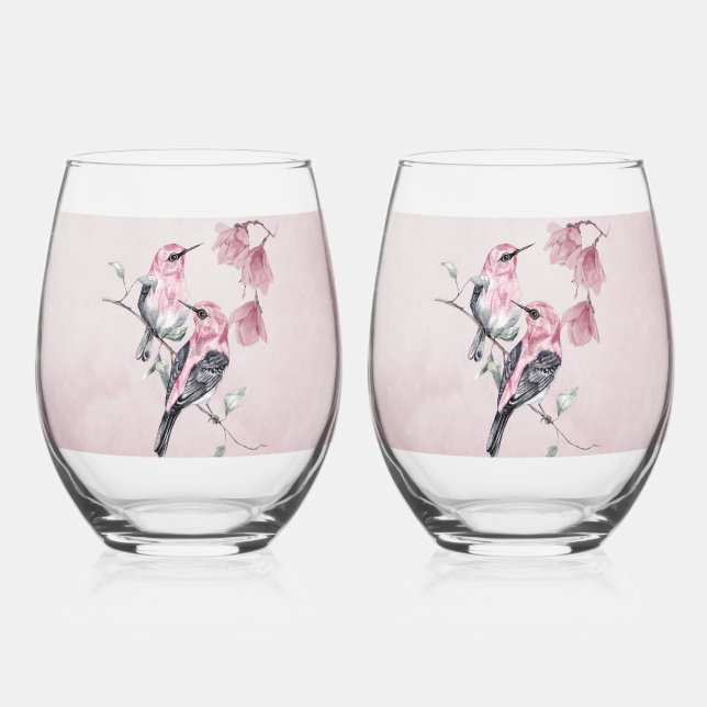 Vaso De Vino Aves y flores rosas en acuarela (Anverso)