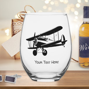 Vaso De Vino Avión Retro Silueta Aeronave Texto Personalizado