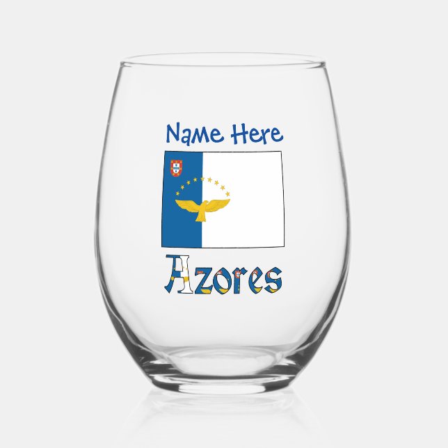 Vaso De Vino Azores Bandera Azorea Personalización Azul (Anverso)