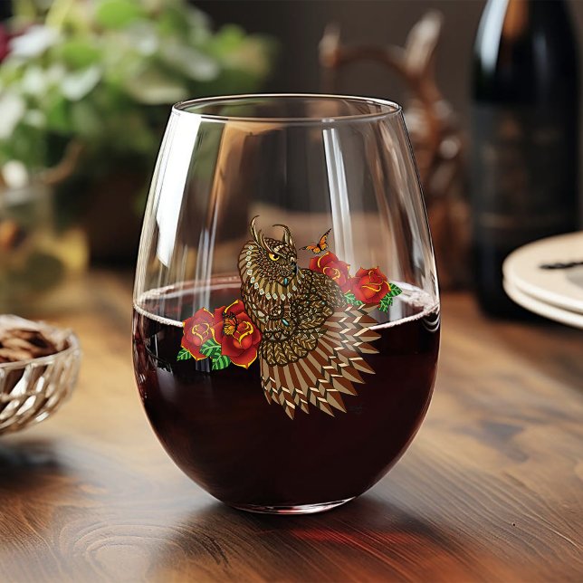 Vaso De Vino Azul de Búho Roses Rojos (Subido por el creador)
