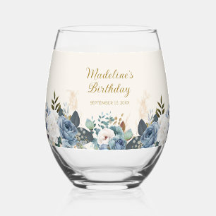 Vaso De Vino Azul Polvoriento Flores Blancas Cumpleaños Nombre