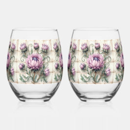 Vaso De Vino Azulejo de flores de cardo rosa