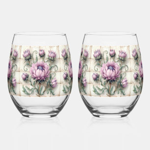Vaso De Vino Azulejo de flores de cardo rosa