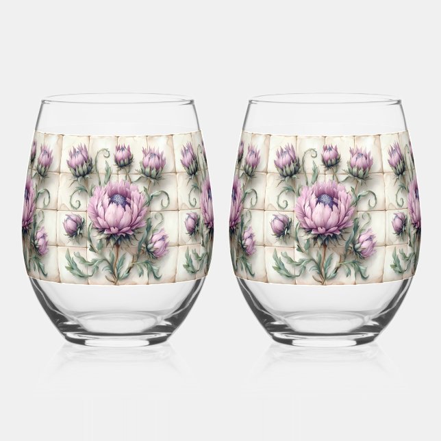 Vaso De Vino Azulejo de flores de cardo rosa (Anverso)