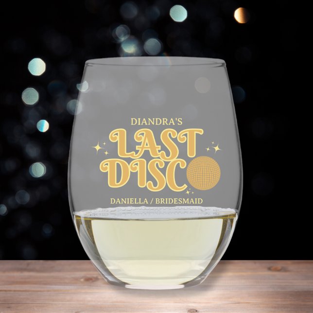 Vaso De Vino Bachelorette personalizada Golden Last Disco Retro (Golden Last Disco Retro Personalized Bachelorette Stemless Wine Glass)