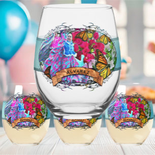 Vaso De Vino Bailando con flores y mariposas PV01