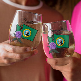 Vaso De Vino Bandera de Washington y Flor Pacífico Rododendros